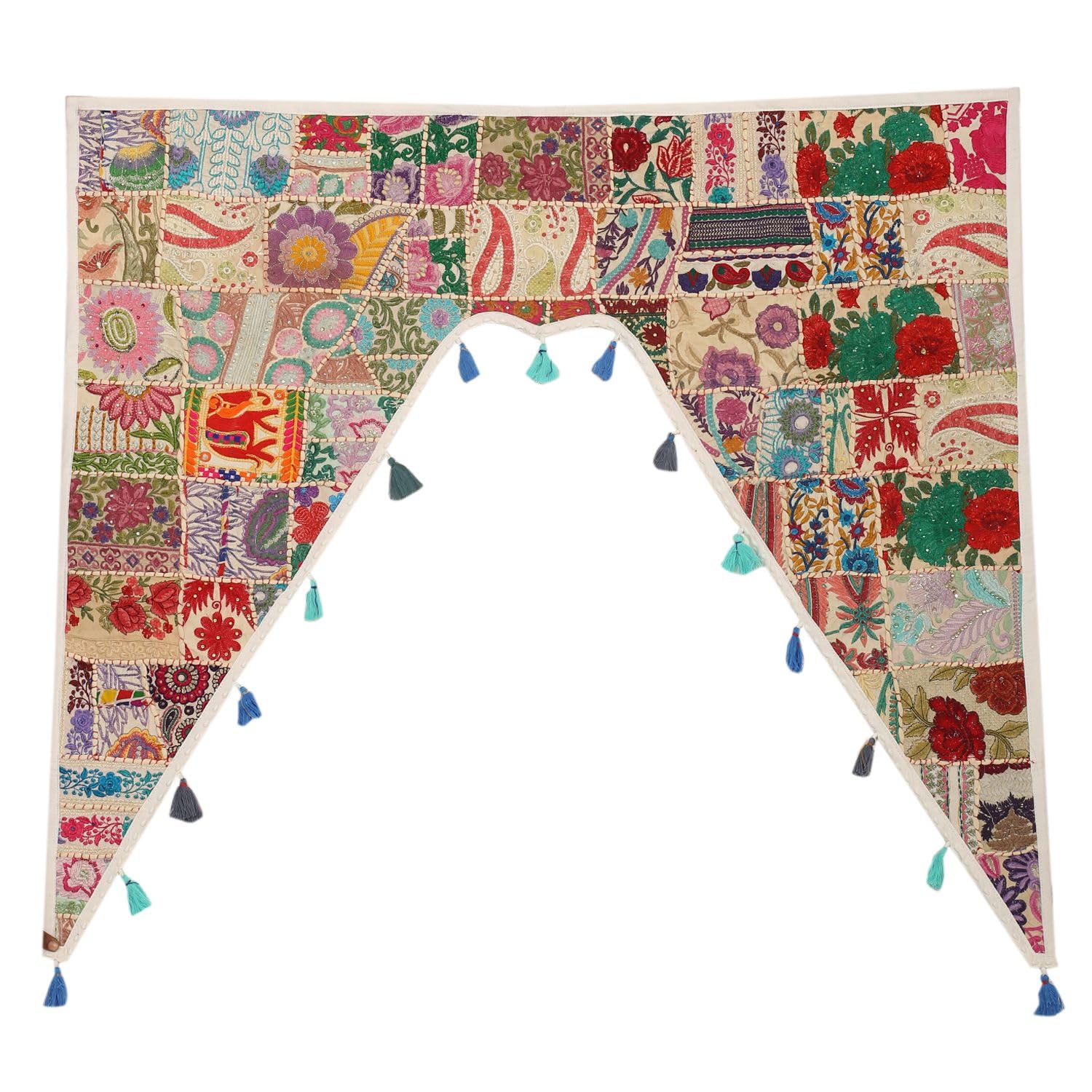 Stylo Culture Indian Cotton Swag Curtain Large Door Valance Embroidered White Vintage Embroidered Patch Work Floral Scarf Curtain Topper Home Decor Window Covering Hanging Toran Gate | 45 x 41 Inches
