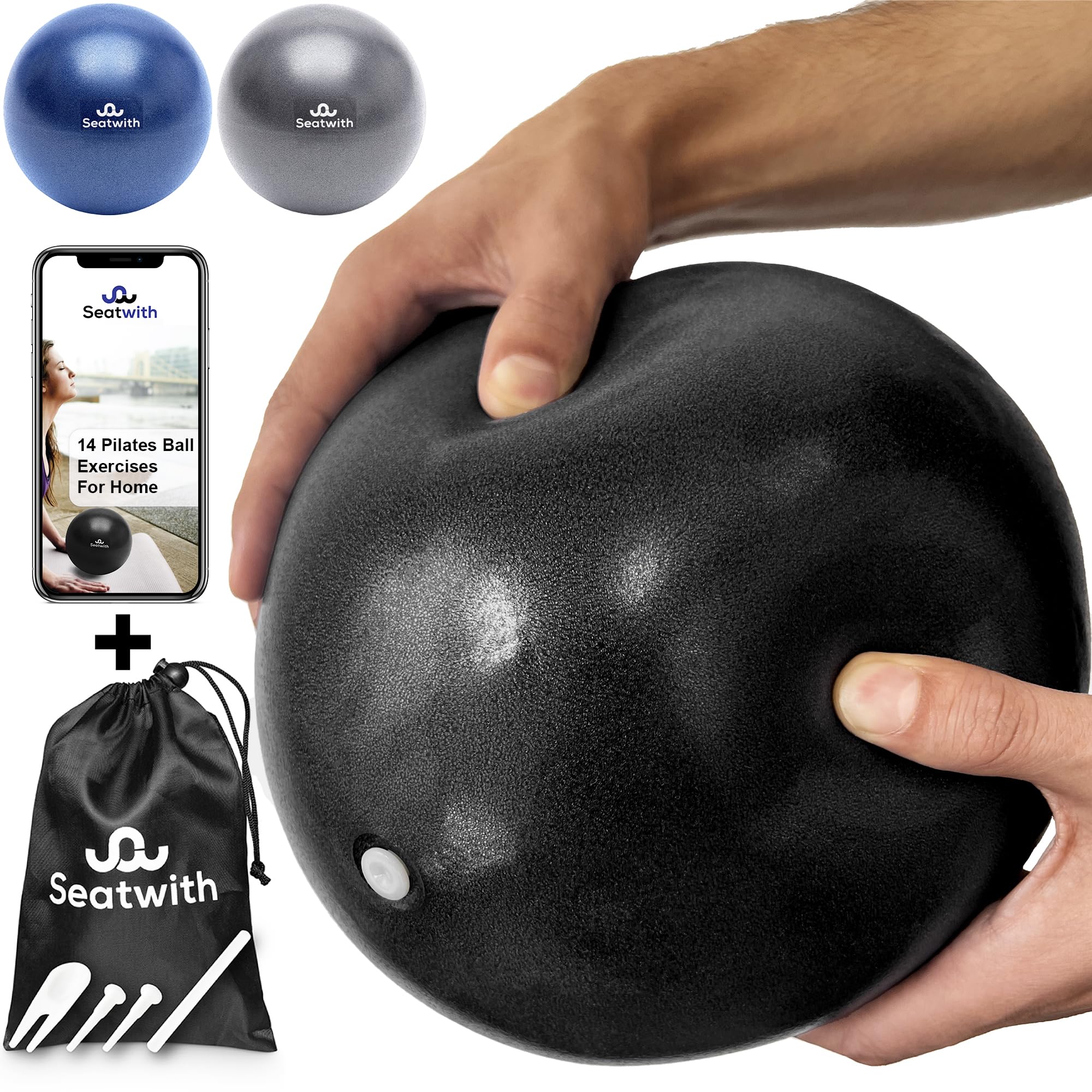 Seatwith Pilates Ball 23 cm / 9 Inches Pilates Ball with transport bag & free e-book - ideal for beginners & advanced users - Yoga Ball, Physio Ball, Pilates Small Ball, Pilates Mini Ball - BLACK