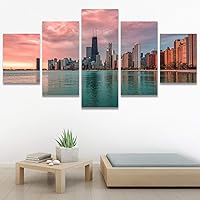 SIGNWIN Framed Canvas Wall Art Chicago Downtown Beautiful Sunrise with Water Reflections Coastal Ocean Modern Art Contemporary Panoramic Relax/Calm for Living Room, Bedroom, Office - 60