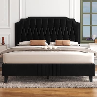 Yaheetech 5ft King Bed Frame Upholstered Platform Velvet Headboard Black