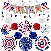 4th of July Decorations Independence Day Patriotic Decor Set - Red White Blue Paper USA Banner Flag Fans Star Streamer Pom Poms for Memorial Veterans Labor Presidents Flag Day Home Parties Accessories