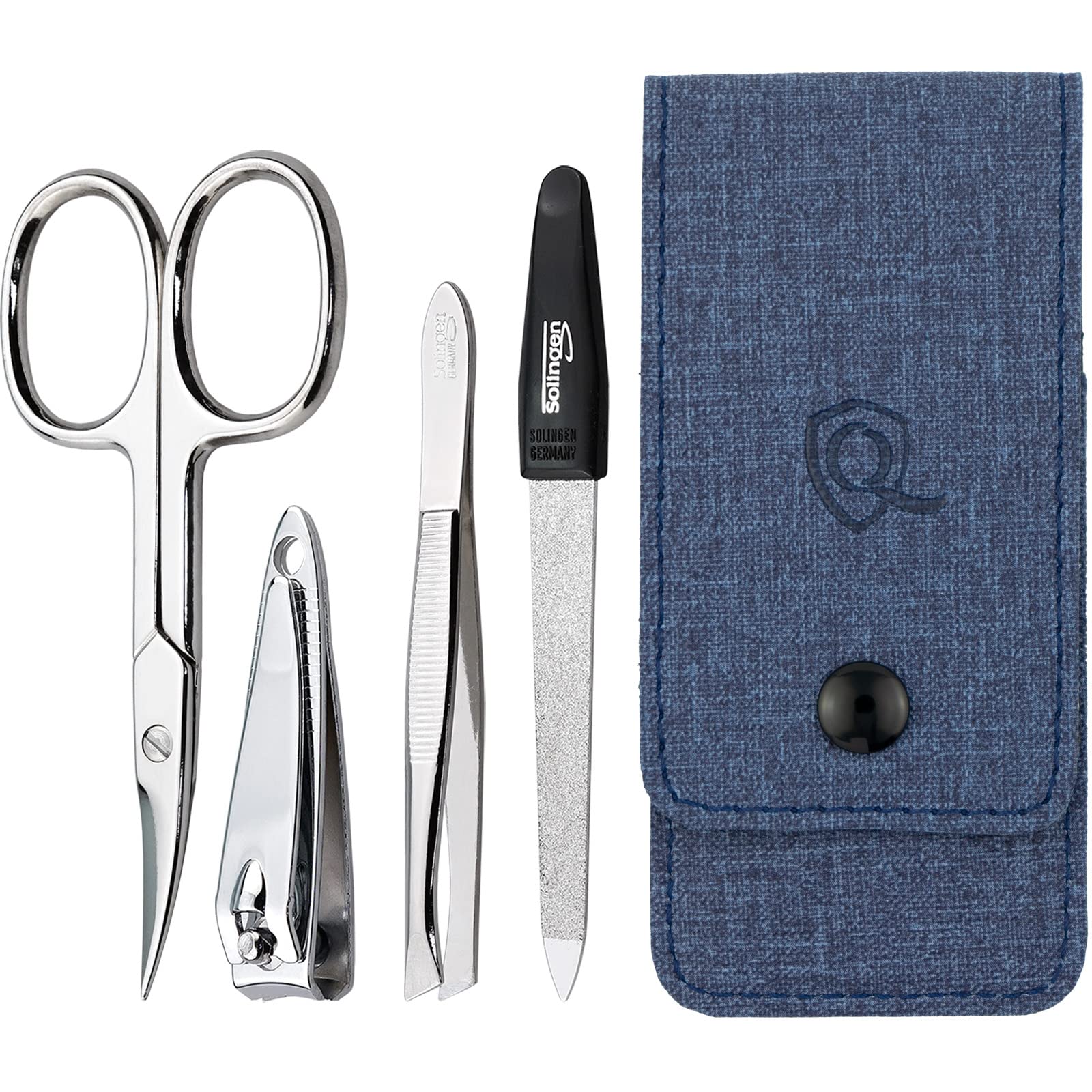 Solingen Manicure Set for Women and Men - 4-Piece Nail Kit, comprising sharp scissors, tweezers, nailclippers, and sapphire nailfile - Ideal for travelling, jeans