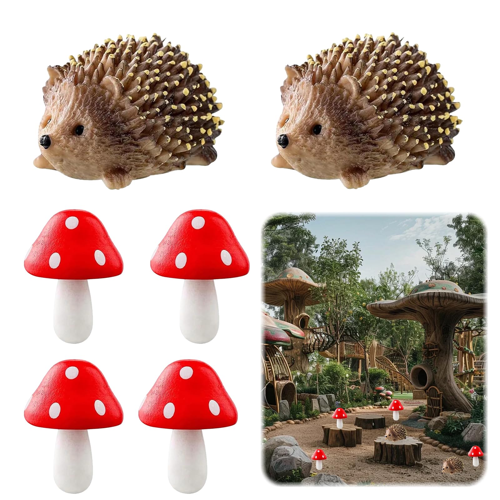 ChAusa 6Pcs Hedgehog Decorative Garden Resin,2 Hedgehogs and 4 Mushrooms Mini Garden Decoration,Resin Fairy Accessories Waterproof for Outdoor Figures Miniatures Animal Figure Ornament
