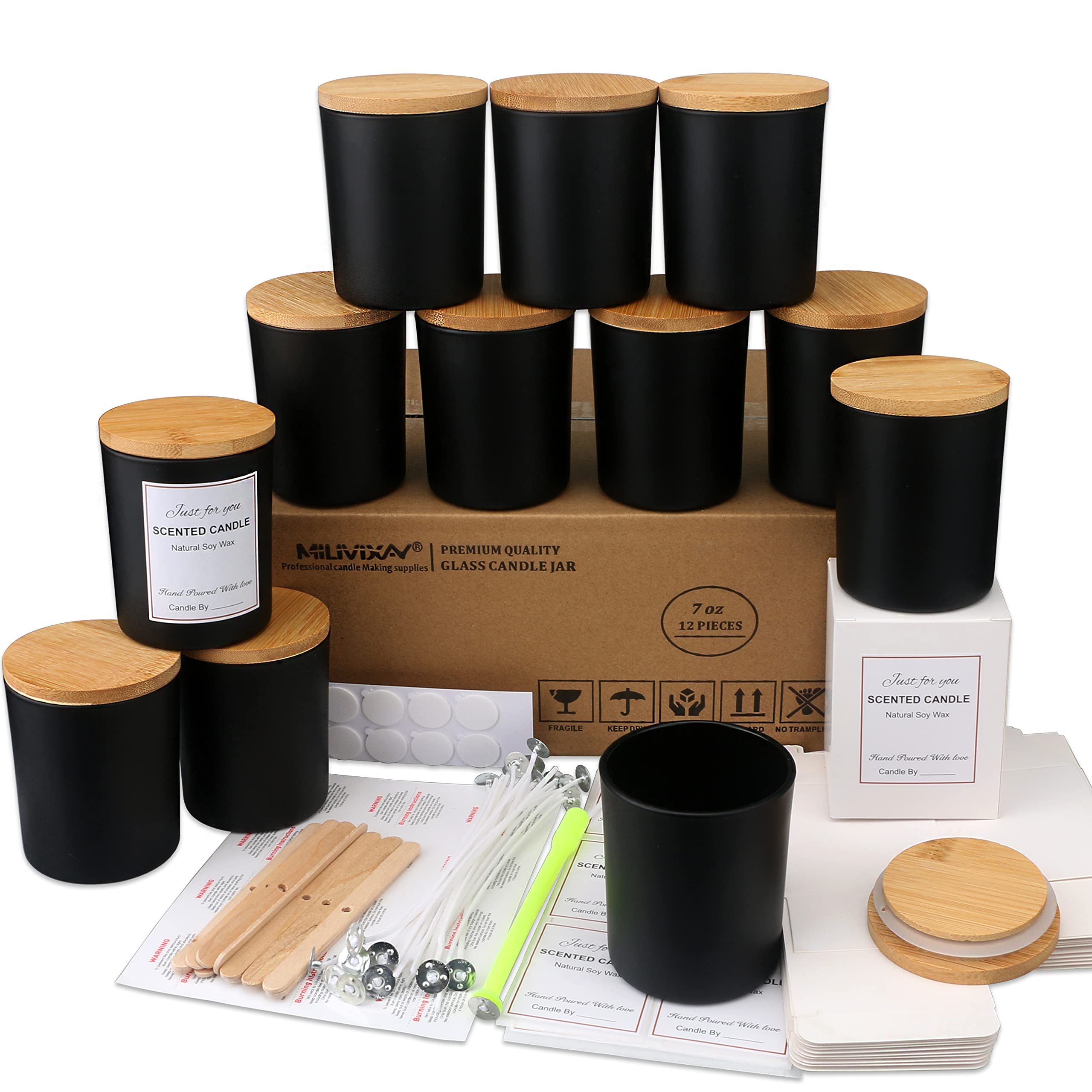 MILIVIXAY 12 Pack 7 OZ Black Matte Glass Candle Jars with Lids and Candle Making Kits, Craft Kits - Bulk Empty Candle Jars for Making Candles - Spice, Powder Containers