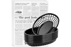 EUSOAR Food Baskets with Liners, 12pcs 9.4"x5.9" Reusable Black Plastic Food Serving Baskets Plates and 10"x14" 100pcs Newsprint Deli Parchment Paper Liners for Restaurant Fast Food Burgers&Fries