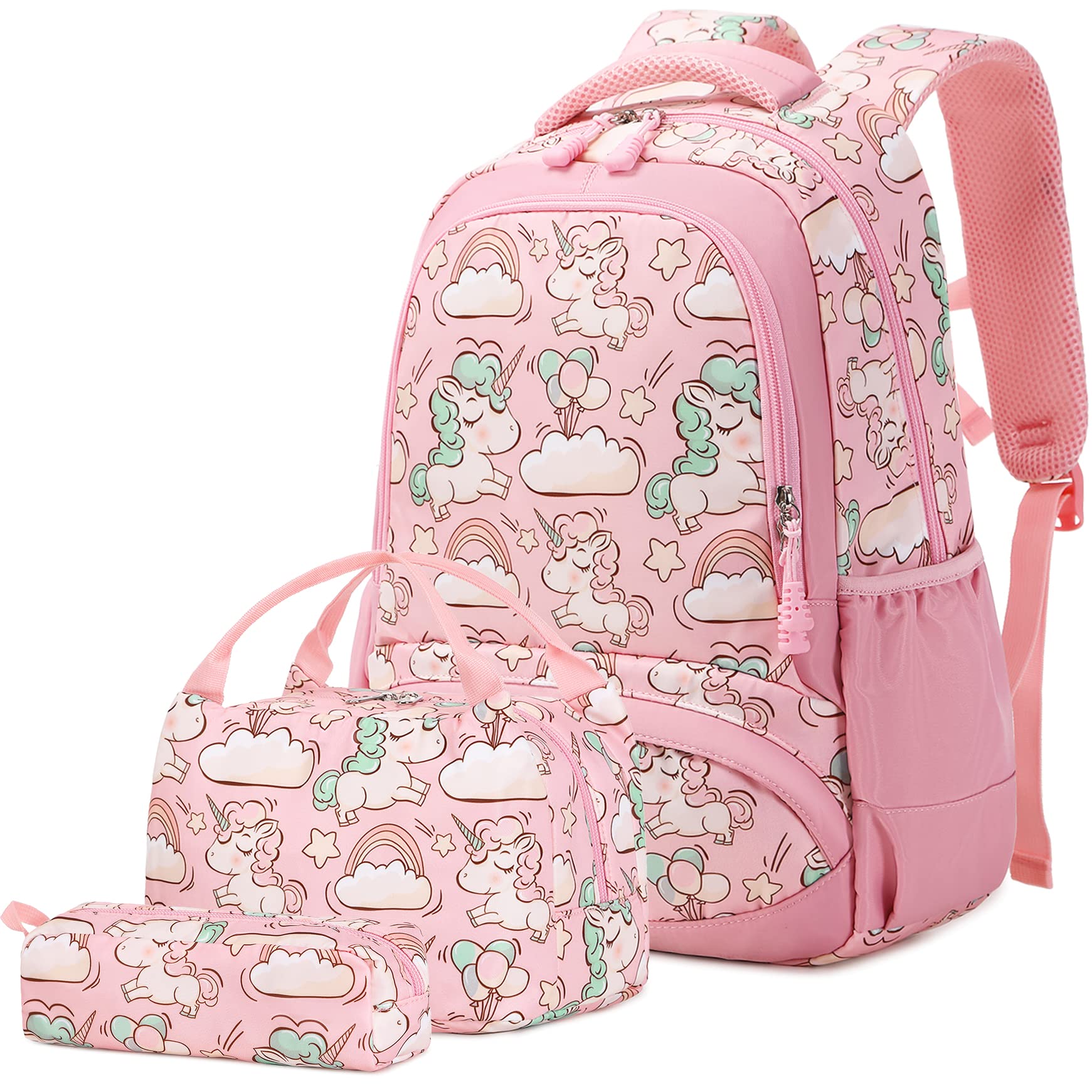 A AM SeaBlue Backpack for Girls School Bag Set Cute Unicorn Backpack with Lunch Bag and Pencil Case Water Resistant 3 in 1 Student Bookbag Multifunction Rucksack Lightweight Travel Daypack Pink