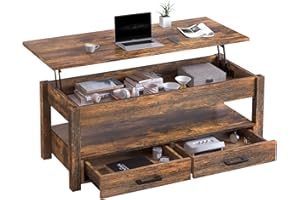 FABATO 47.2" Large Lift Top Coffee Table, Extra Large Coffee Table with Storage Drawers Hidden Compartment, Center Table Lift Tabletop for Living Room, Coffee Desk Rising Tabletop, Rustic Brown