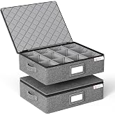 YearningHome Cup and Mug Storage Box 2 Pack with Hard Shell and Dividers for Coffee Mugs,Tea Cups and Glasses,Stackable Storage Organizers with Lid,Handles,Zips and Label for Moving,Holds 24, Grey
