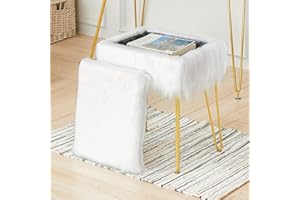 MOOWIND Vanity Stool Chair Faux Fur with Storage, Gifts for Women Makeup Chair Fluffy Ottoman with Slip Resistant Feet for Bedroom Living Room