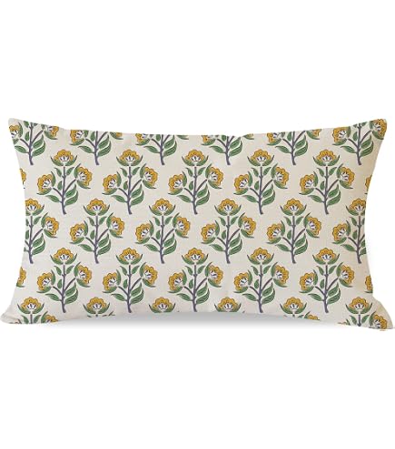 AOFANGGO Floral Pillow Cover 12x20 - Sage Green Pink Yellow, Block Print, Grandmillennial Farmhouse Style - View #3