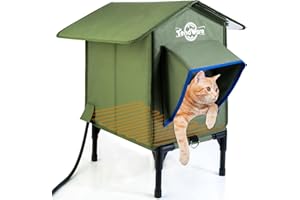 TENDWARE Heated Cat House for Outside, Size S, Green, Weatherproof, Windproof, Elevated Base, Cat-Attracting Eave Design, Feral Stray Shelter, Garage Yard Porch Size S