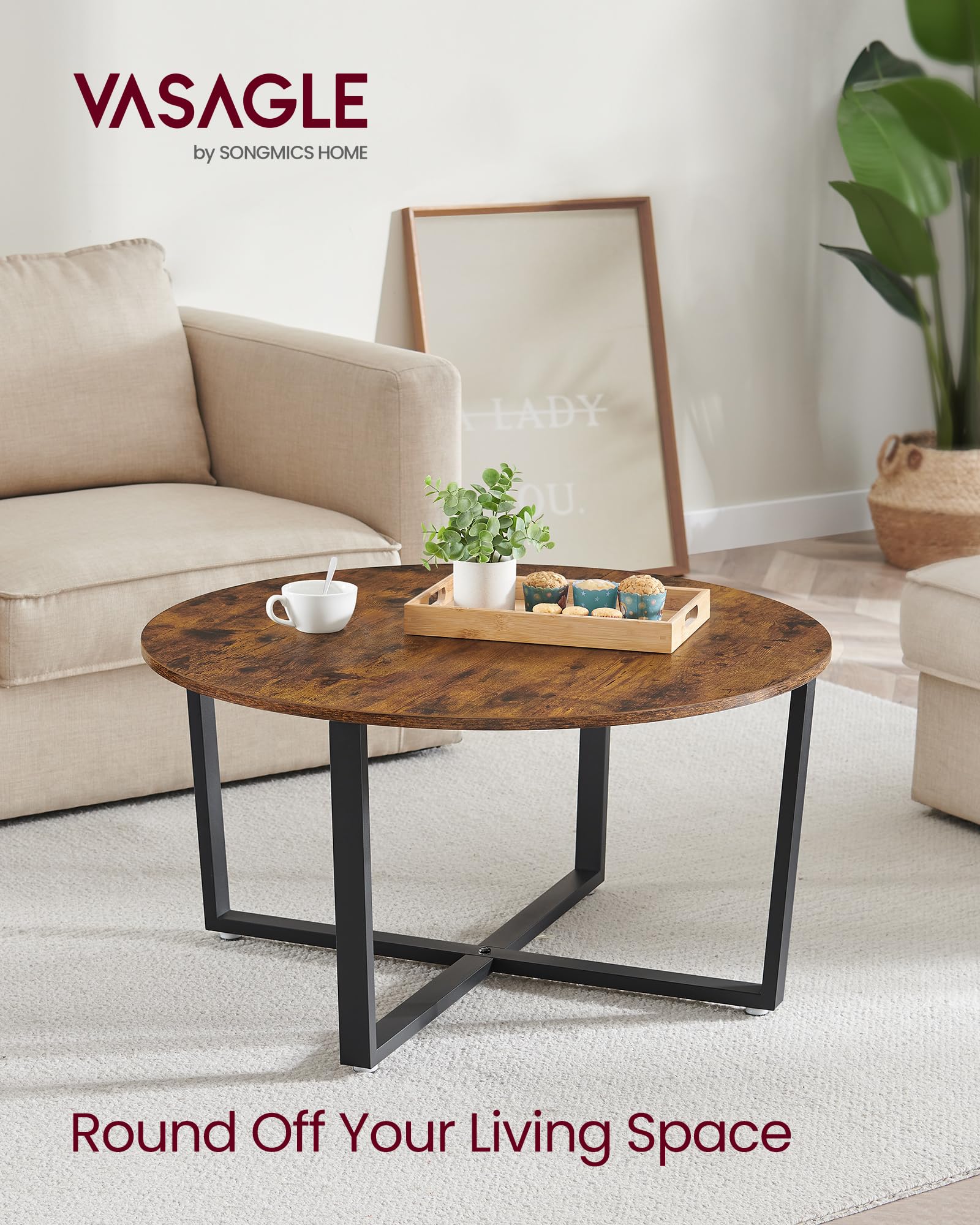 VASAGLE ALINRU Round Coffee Table, Industrial Style Cocktail Table, Durable Metal Frame, Easy to Assemble, for Living Room, Rustic Brown ULCT88X 39.4 x 21.7 x 17.7 Inches