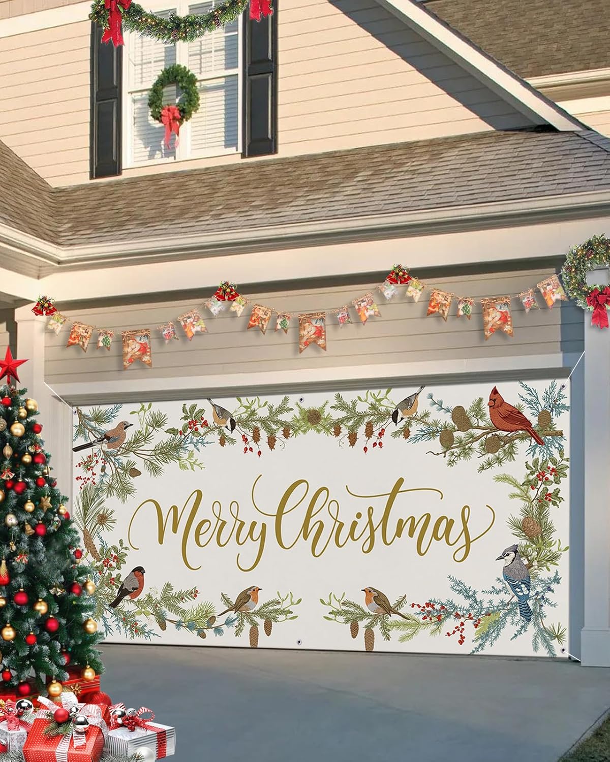 Garage Door Decorations - Christmas Garage Door Banner Cover 7 x 8 ft, Christmas Cardinal Pine Tree Berry Pine Bird Christmas Garage Door Decorations Holiday Christmas Backdrop Decor for Winter New Year Xmas Party