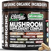 Organic Mushroom Supplement | Ashwagandha Lions Mane Cordyceps Turkey Tail Reishi Mushrooms Maca Root Black Hoof Chaga Tremella Agarikon Shiitake Oyster Powder Capsules Sporgenic by Clean Nutra (1)