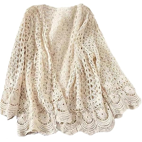 Nicedeal Boho Long Crochet Cardigan, Creamy White, Women