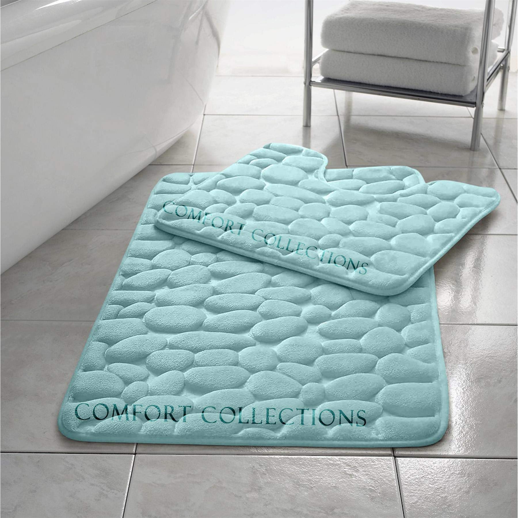Comfort Collections Memory Foam Pebble Bath Mat Set Pedestal Bathroom Rug 2 Piece Soft Absorbent Non Slip Aqua Bath Mat (50CM X 80 CM) & Pedestal Mat (50CM X 40 CM) Approximate