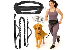Tails & Tales Hands Free Waist Leash for Dog Walking Running Hiking with Zipper Pouch, Adjustable Belt, Dual Padded Handles, Reflective Bungee Design for Small to Large 100lb Dogs (Black)