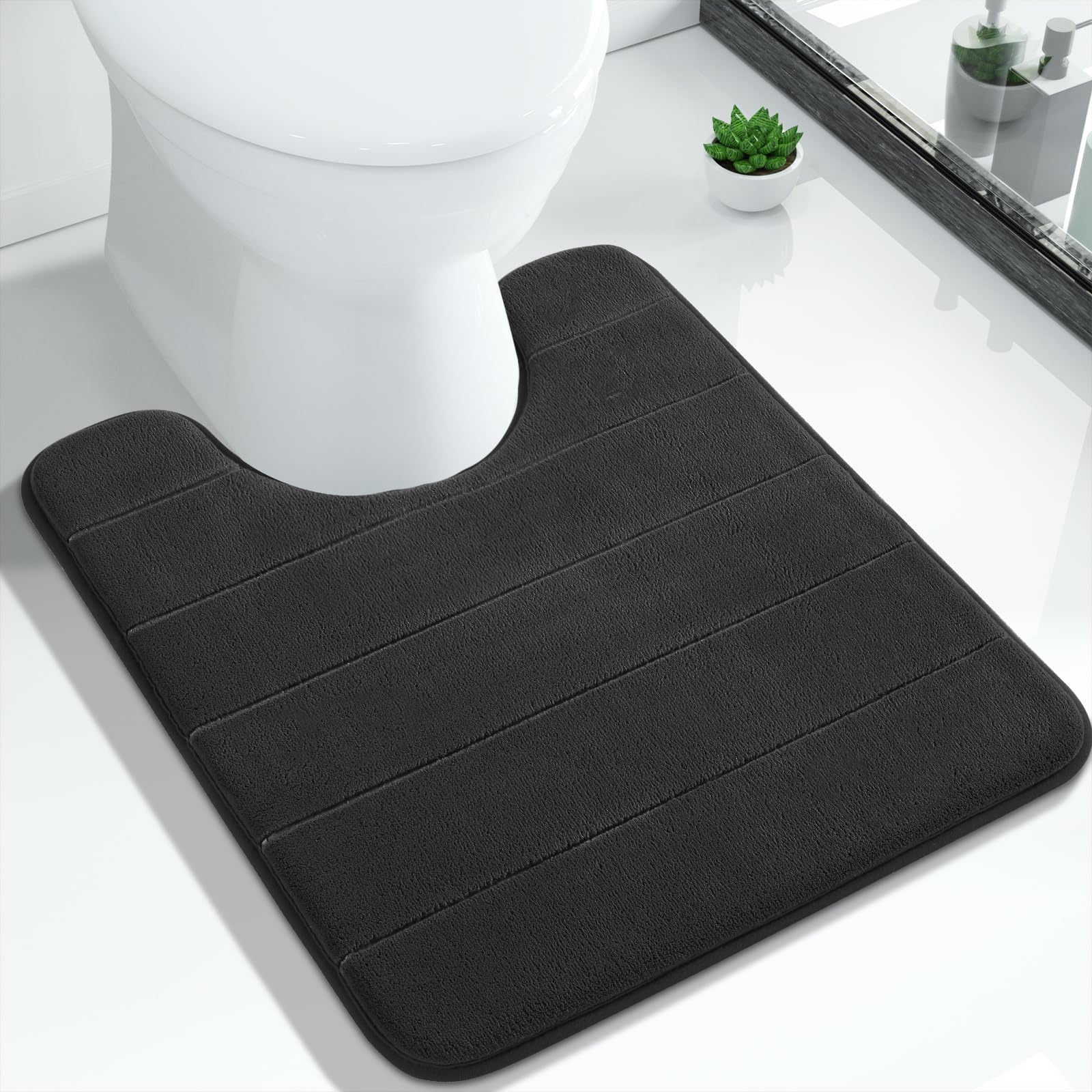 Yimobra Bath Toilet Mat, Non-Slip Memory Foam U-Shaped Contour Rug, Soft Comfortable Bathroom Shower Mats, Super Water Absorption, Machine Wash, Easier to Dry for Bath Floor Rug, Black, 51 x 61 cm