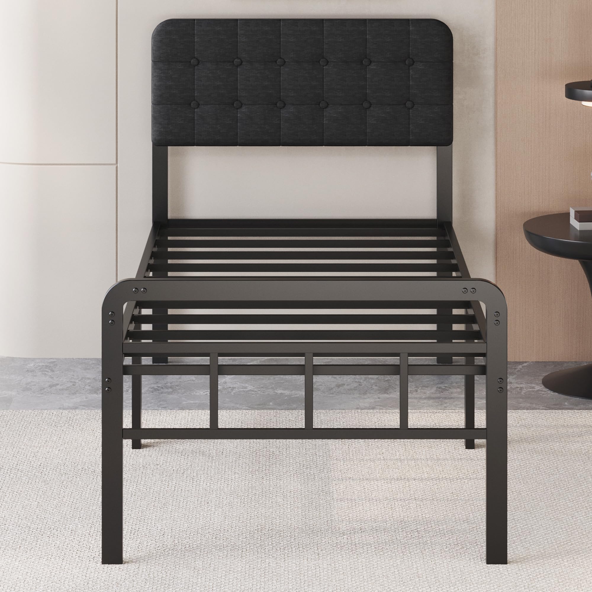 Photo 1 of UUKING 18 Inch Twin XL Bed Frames with Black Upholstered Headboard and Metal Footboard