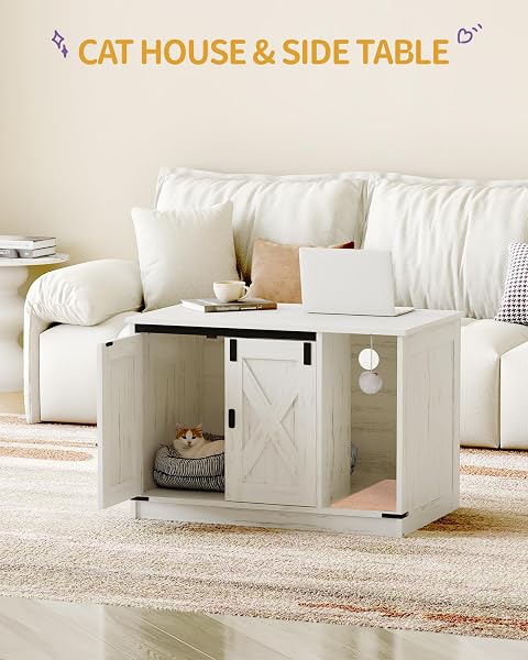 HZUANERI CAT LITTER BOX ENCLOSURE, HIDDEN LITTER BOX CABINET FURNITURE WITH BELL, INDOOR CATS HOUSE, FARMHOUSE STYLE, 31.5 X 19.7 X 20.9INCHES, FOR HALLWAY, BEDROOM, WHITE CB82414B
