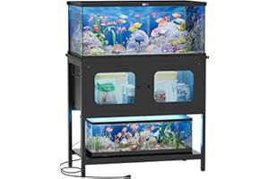 iSunirm 40 Gallon Fish Tank Stand with LED Light and Outlet, Metal Aquarium Stand with Cabinet and Accessories Storage, Reptile Tank Turtle Terrariums Table Stand Hold 880LBS and 2 Aquariums, Black