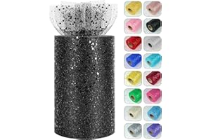MIEGECHA Glitter Tulle Rolls, 6” by 50 Yards (150FT) Sparkling Tulle Spool Ribbon Sequin Tulle Netting Fabric for Tutu Skirt Wedding Birthday Baby Shower (Black)