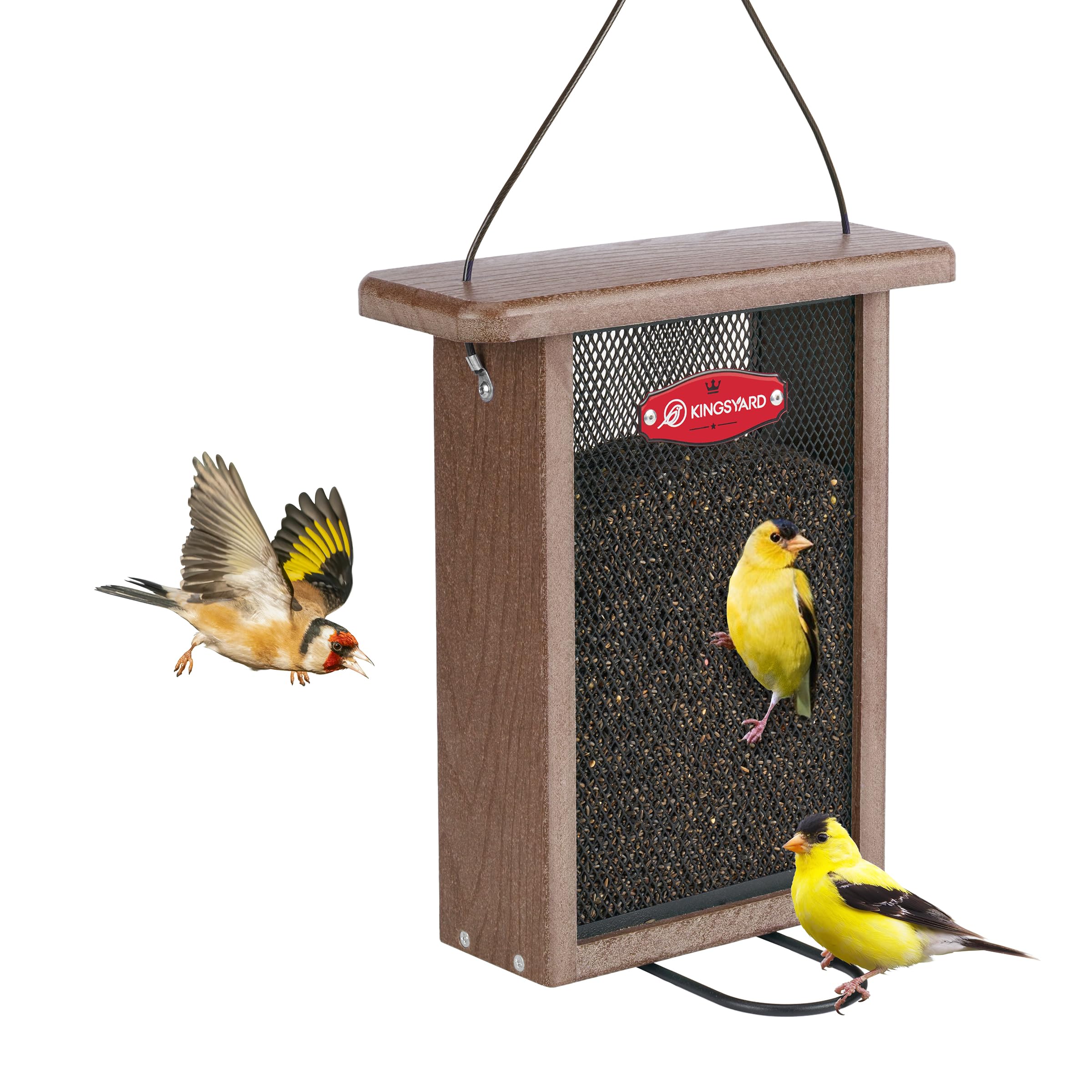 Photo 1 of Kingsyard Metal Mesh Bird Feeder for Outdoors Hanging, Finch Feeder for Nyjer/Thistle, Sliding Mesh & Built-in Perch, Recycled Plastic, Brown