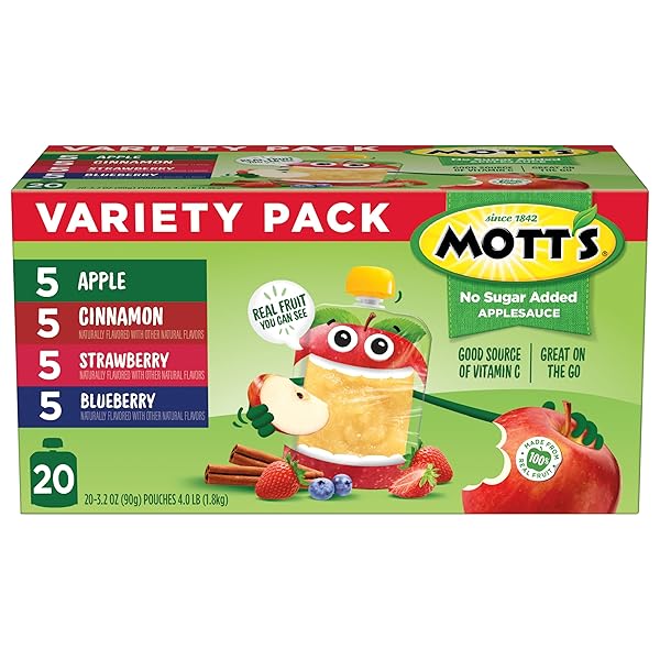 MOTT’S NO SUGAR ADDED APPLESAUCE VARIETY PACK, 4 FLAVORS – APPLE, STRAWBERRY, CINNAMON & BLUEBERRY, MADE FROM REAL FRUIT, NO ARTIFICIAL FLAVORS, 3.2 CLEAR POUCHES, 20 PACK