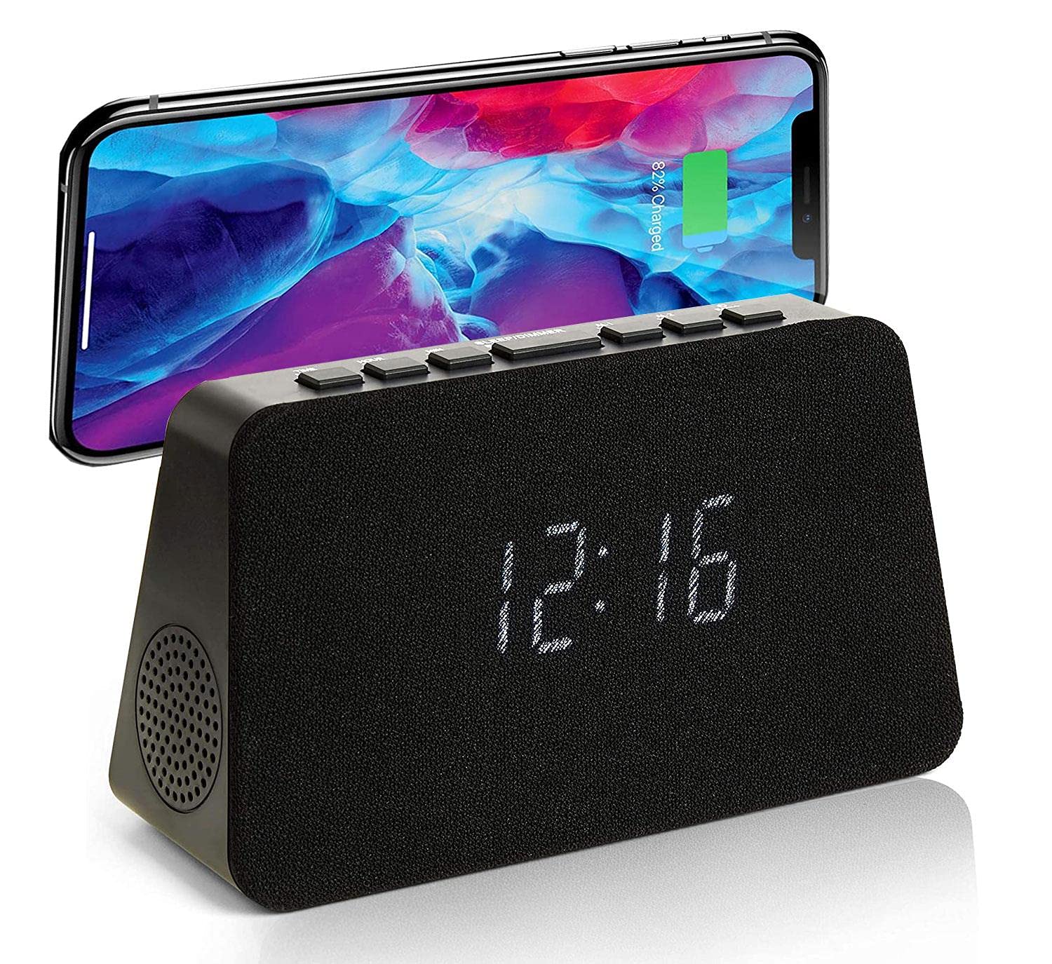 Grouptronics GTQ-RENEW Wireless Charging Alarm Clock Radio - Dimmable Display, USB Charging, FM Radio, Dual Alarms, No Tick Alarm Clock Bedside - Black with Black Cloth screen
