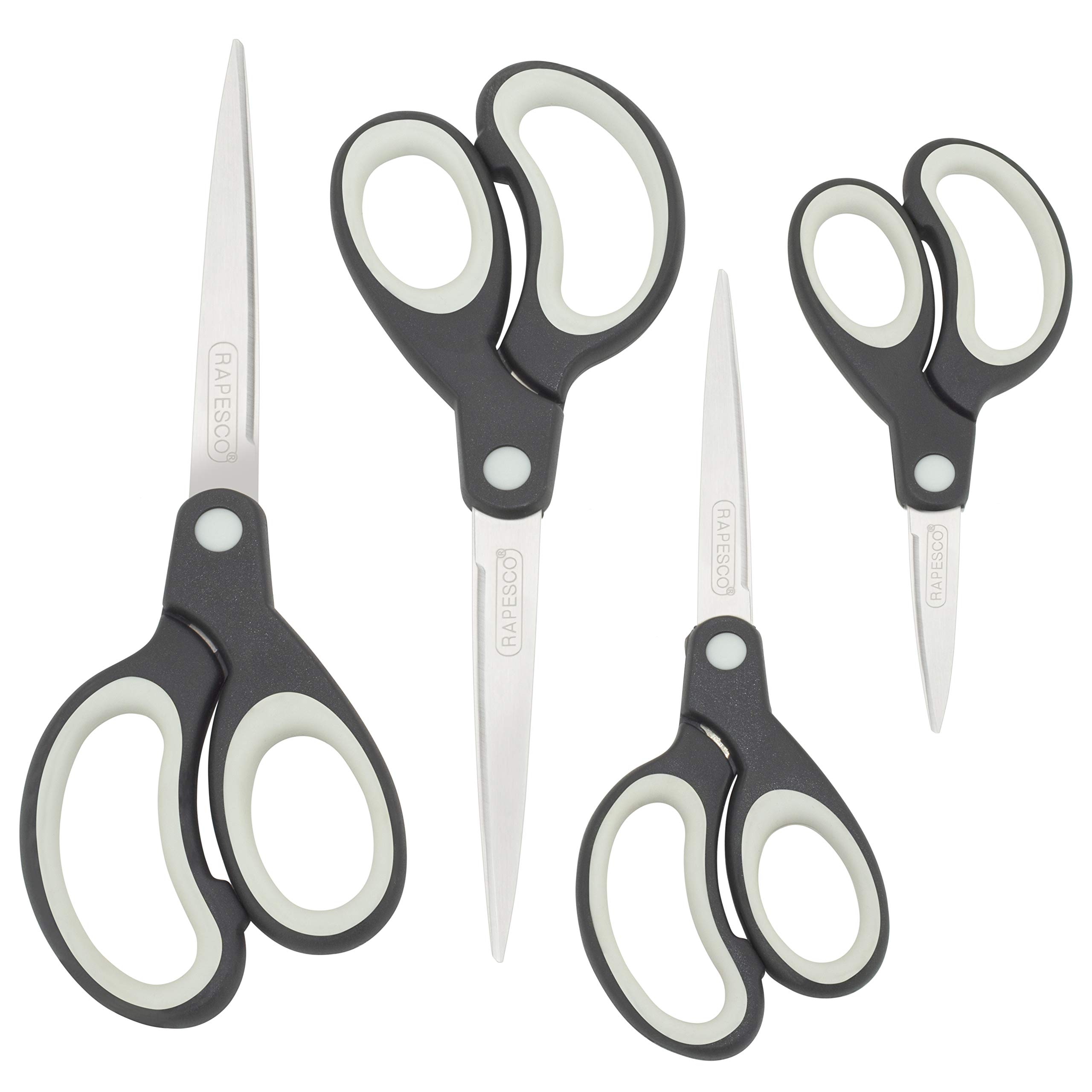 Rapesco 1574 Soft Grip Handle Scissors, Black/Light Grey, Set of 4