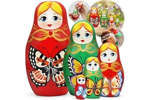 AEVVV Wooden Butterfly Nesting Dolls Set of 5 pcs - Red Green Russian Dolls with Butterfly Decorations - Babushka Matryoshka Dolls Butterfly Gifts for Women