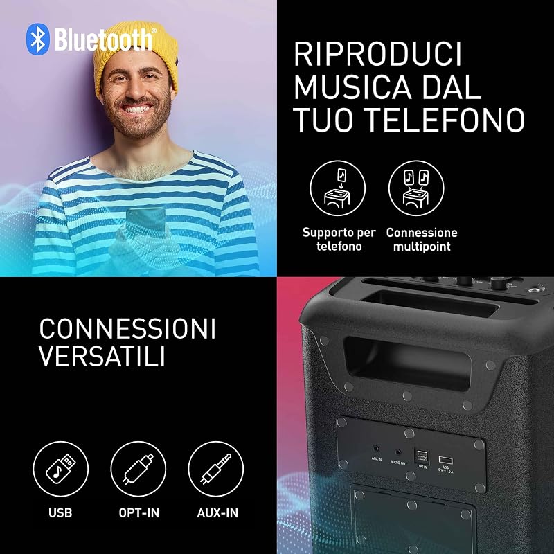 SC-BMAX10E-K Altoparlante Portatile per Feste con Bluetooth, Luci Integrate, 150W, USB, Ingresso Ottico per TV, Ingressi Chitarra e Microfono per Karaoke, Nero