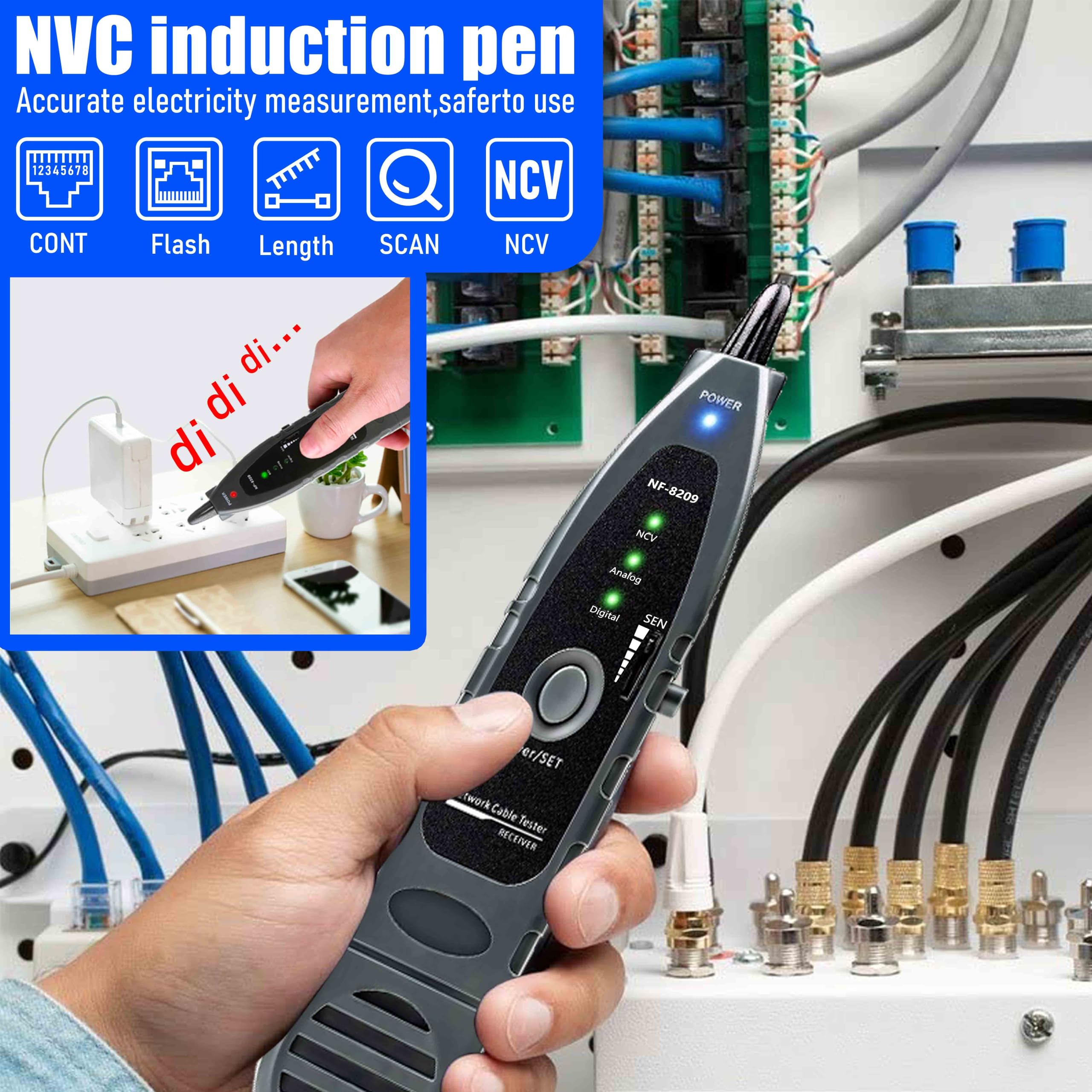 Probador de cable de red NF-8209 Probador de Ethernet con PoE NCV ...