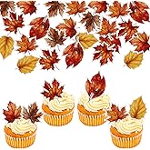 48 PCS Edible Edible Fall Leaves Cupcake Toppers Wafer Paper Autumn Maple Leaves Cupcake Picks Edible Gold leaf Cupcake Decorations for Thanksgiving Baby Shower Birthday Party Cake Decor Supplies