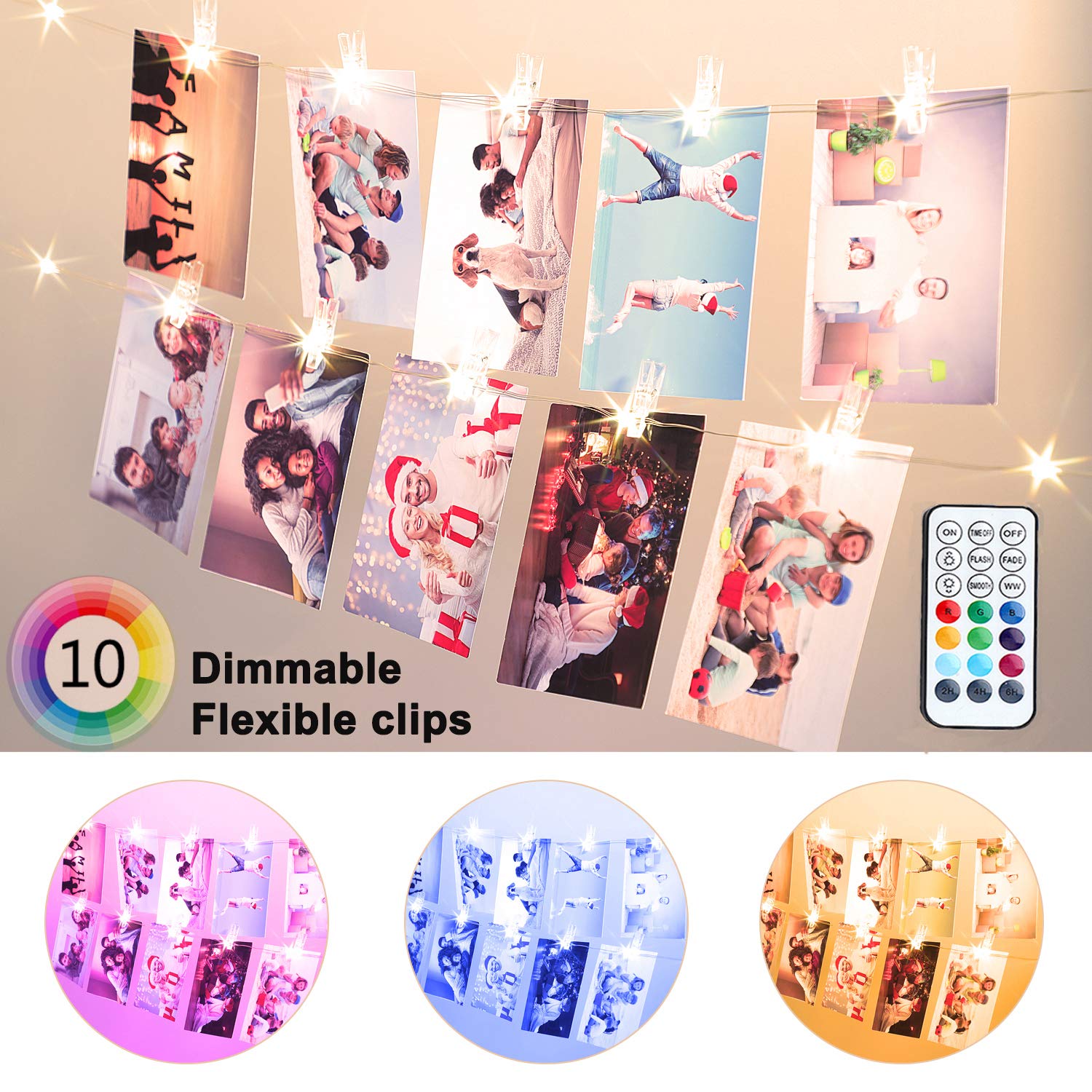 20 LED Photo Clip String Lights, 6.56ft 10 Color Changing Battery Operated & USB Fairy Lights with Remote Timer for Hanging Photo Banner, Cards, Memos, Picture Holder, Indoor Ambiance Wall Decor