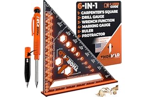 THORVALD 6-in-1 Carpenter Square 7 inch (1/16" Precision) T Square Multi-Purpose Carpenter Tools : Wrench, Square, Protractor, Ruler, Marking Gauge, Drill Gauge, Includes 2-in-1 Carpentry Pencil