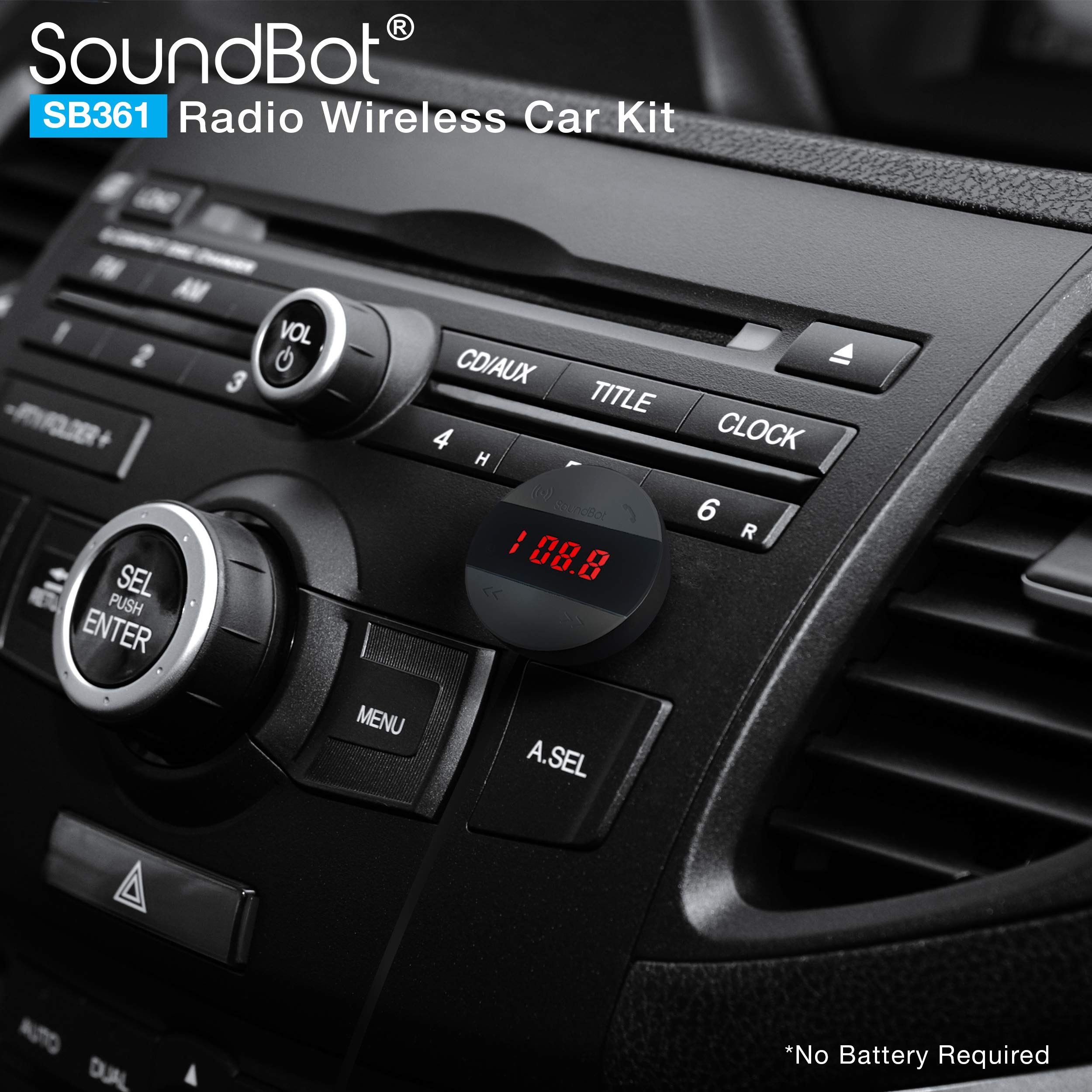 Soundbot SB361 FM Radio Wireless Car Kit Universal Receiver Transmitter Accessory Full Spectrum HD Music Streaming Hands Free Talking LED Display Voice Command Built-in Mic USB ChargerSB361-BLK/BLK