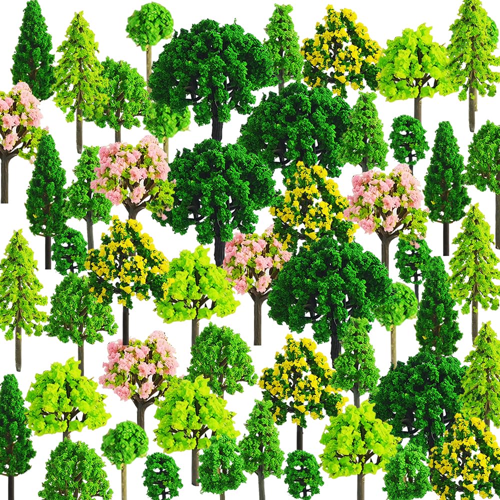 Agarte 55 Pcs Mixed Model Trees, 1.18-2.76 inch(3-7cm) Miniature Landscape Trees, Landscape Model Diorama Trees Mixed, Mini Fake Miniature Trees for DIY Train Railways Scenery Natural Green Landscape
