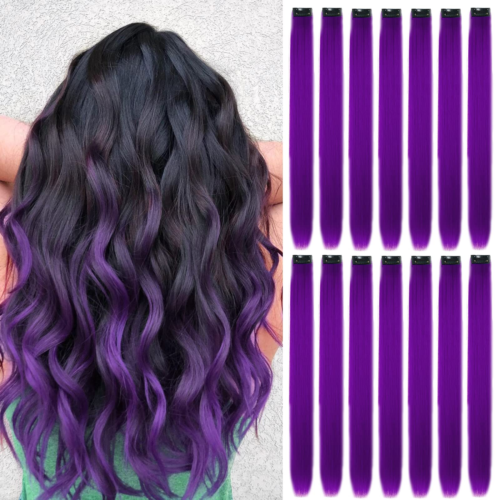 16Pcs Colored Clip in Hair Extensions, 22 Inch Colorful Highlights Hairpieces Straight & Long Heat-Resistant Synthetic Hair Accessories for Kid Girls Women Party Hair Decor (16Pcs-New Purple)