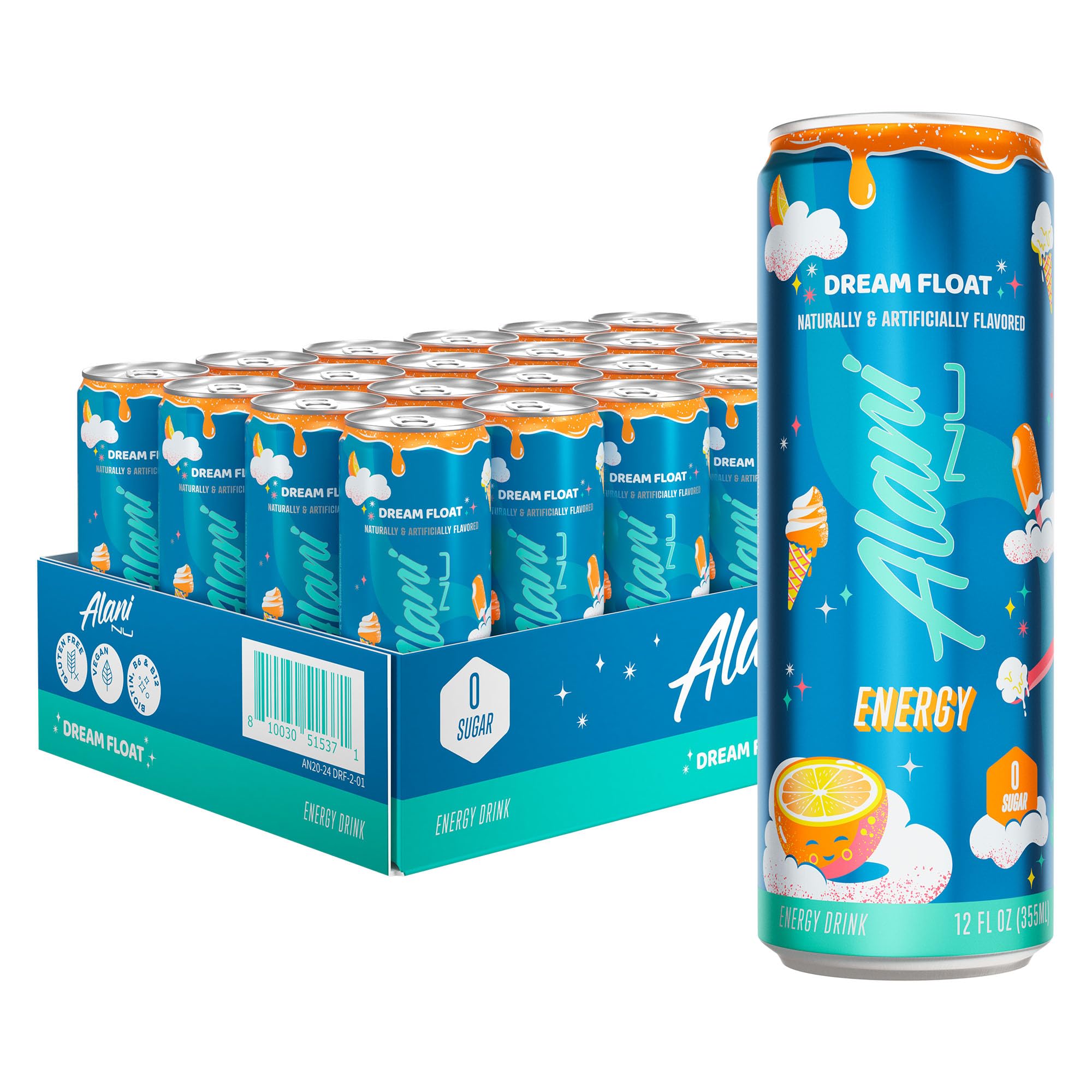 Alani Nu DREAM FLOAT, Sugar Free, Low Calorie Energy Drinks, 200mg Caffeine, Biotin, B Vitamins, Zero Sugar, 10 Calories, 12 Fl Oz Cans, 24 Pack