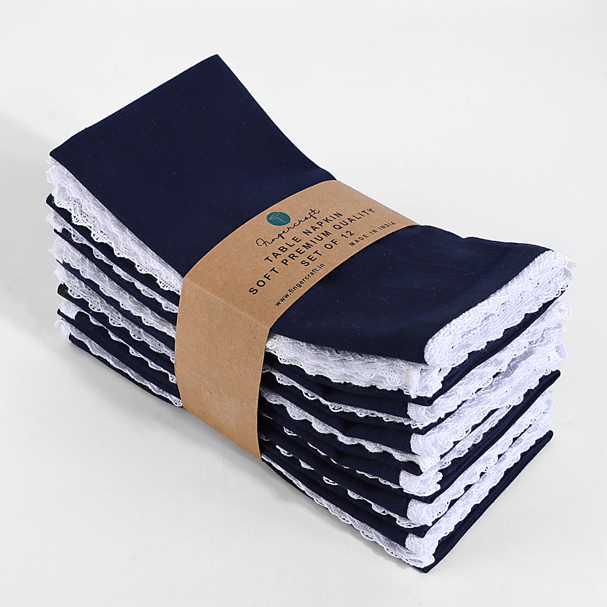 Fingercraft Dinner Cloth Napkin Cotton Linen Blend 12 Pack Mitered Corners with Elegant Lace for Everyday Use Napkins are Pre Shrunk and Good Absorbency Navy