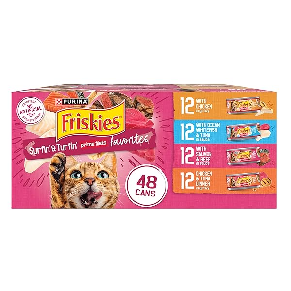 PURINA FRISKIES GRAVY WET CAT FOOD VARIETY PACK, SURFIN’ AND TURFIN’ PRIME FILETS FAVORITES – 48 CT. CAN