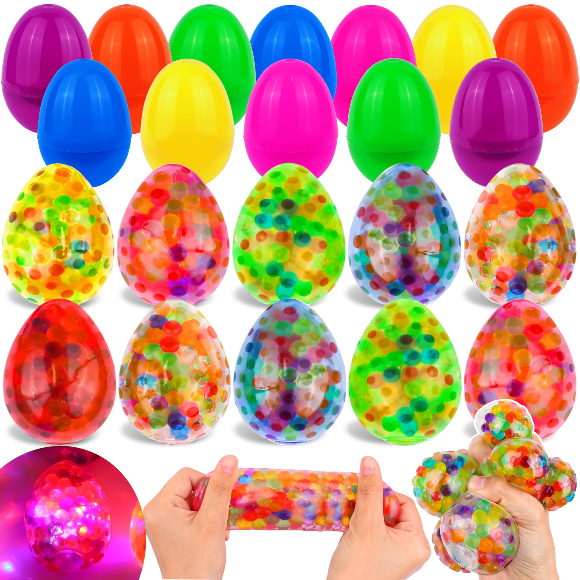 Photo 1 of 12 Pack Easter Eggs Fillers Light Up Fidget Stress Balls Easter Eggs Filled Toys Easter Basket Stuffers Glow In The Dark Egg Shaped Squishies Squeeze Ball for Kids Boys Girls Easter Hunt Party Favors