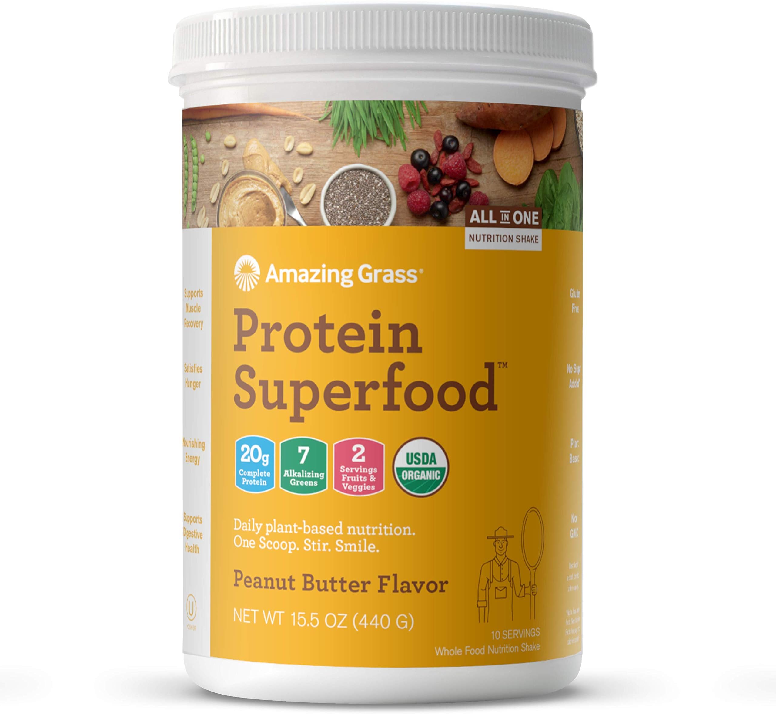 Amazing Grass Protein Superfood: Organic Vegan Protein Powder, Plant Based Meal Replacement Shake with 2 servings of Fruits and Veggies, Peanut Butter Flavor, 10 Servings, 15.5 Ounce (Pack of 1)
