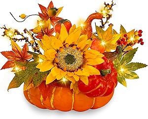 TURNMEON 8.5 Inch Lighted Artificial Pumpkin Fall Thanksgiving Decor Maple Leaf Berry Acorn Sunflower Faux Artificial Vegetable for Thanksgiving Table Fireplace Decor Harvest Fall Table Centerpiece