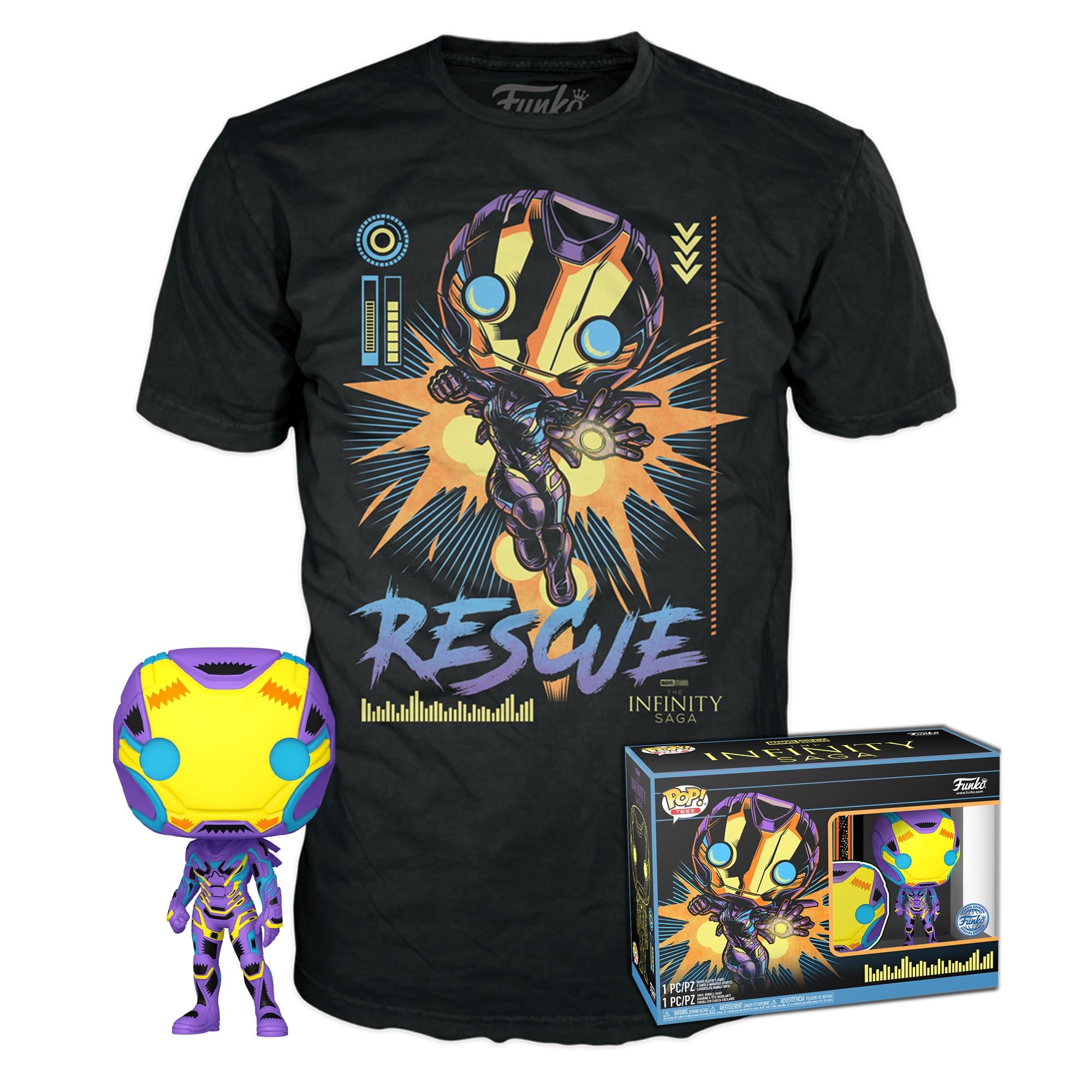 Funko Pop! & Tee: Marvel Blacklight - Rescue L - Large - (L) - T-Shirt - Clothes With Collectable Vinyl Figure - Gift Idea - Toys and Short Sleeve Top for Adults Unisex Men and Women - Movies Fans