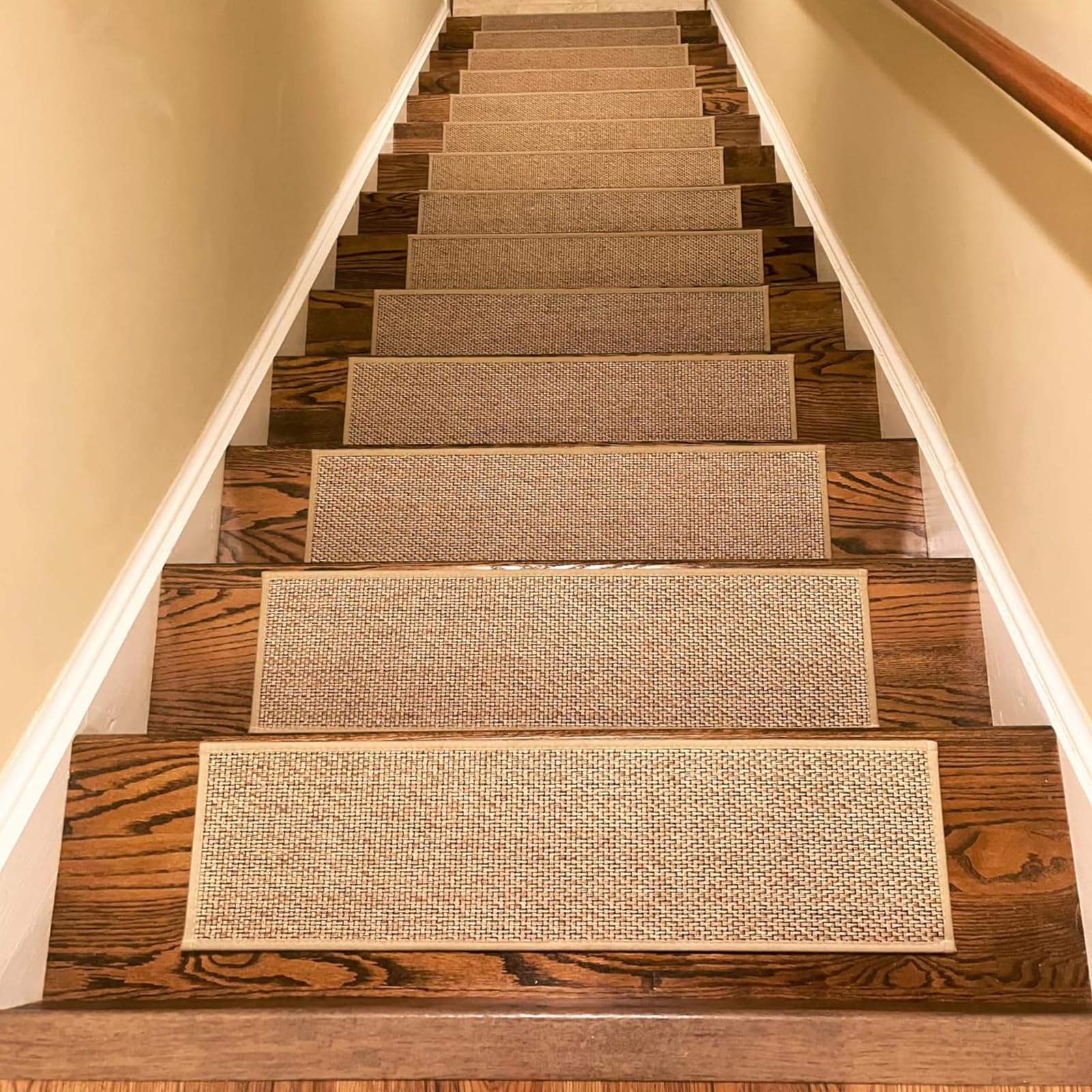 Photo 1 of 16 Pcs Linen Stair Treads for Wooden Steps Indoor, 8" x 30" Non Slip Stair Treads Self Adhesive Backing No Residue Stair Carpet Treads for Elders and Pets (Beige)