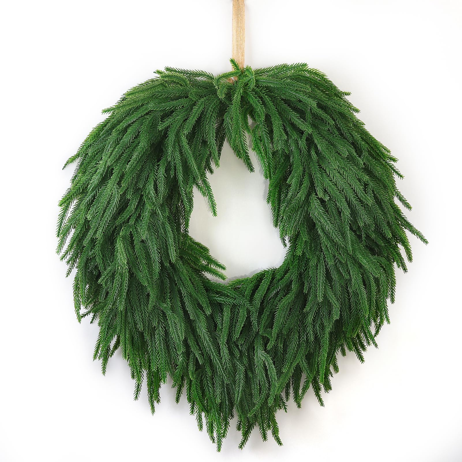 Photo 1 of 24" Norfolk Pine Christmas Wreath for Front Door – Large Artificial Greenery Wreath for Wall, Porch, or Indoor Outdoor Holiday Decor – Real Touch Pine Foliage (1, 24")
