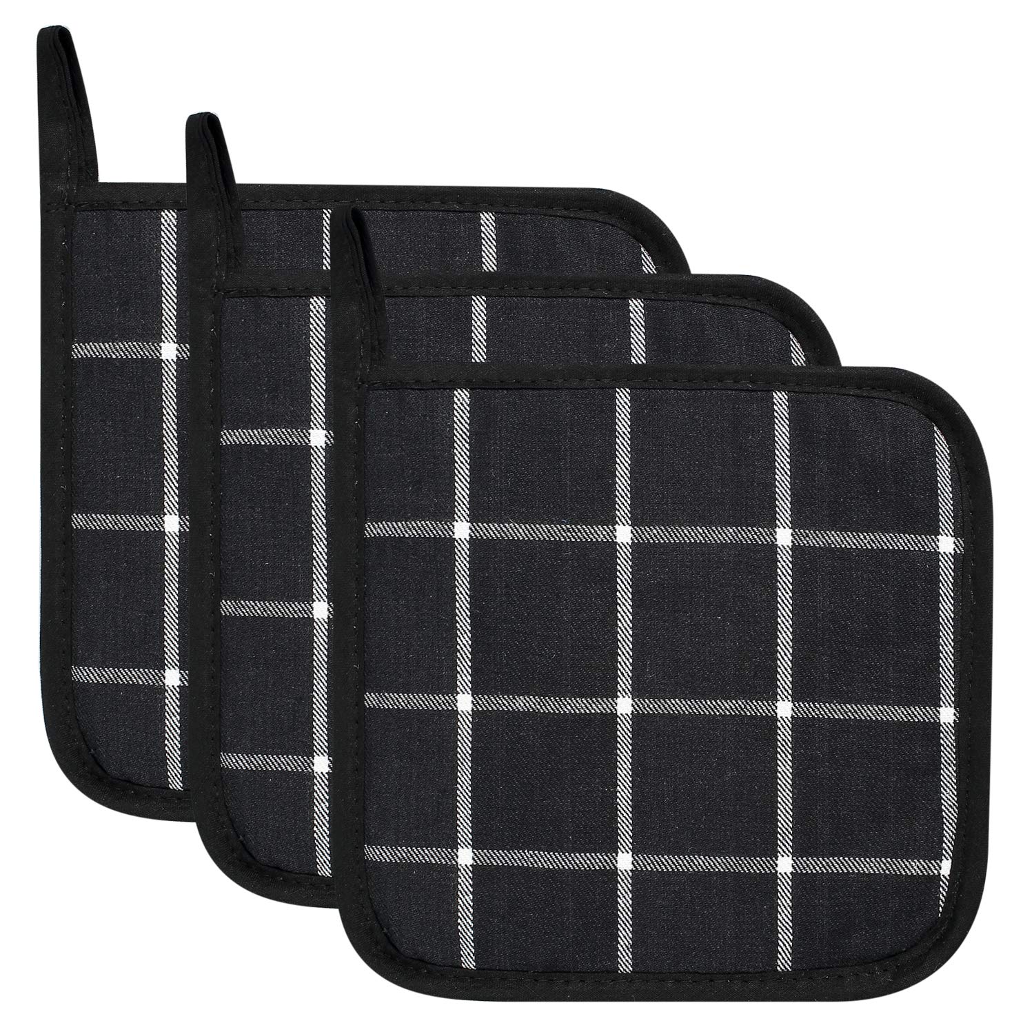 Photo 1 of 100% Cotton Kitchen Everyday Basic Pot Holder Heat Resistant Coaster Potholder for Cooking and Baking 7 x 7-Inch Set of 3 Black Plaid