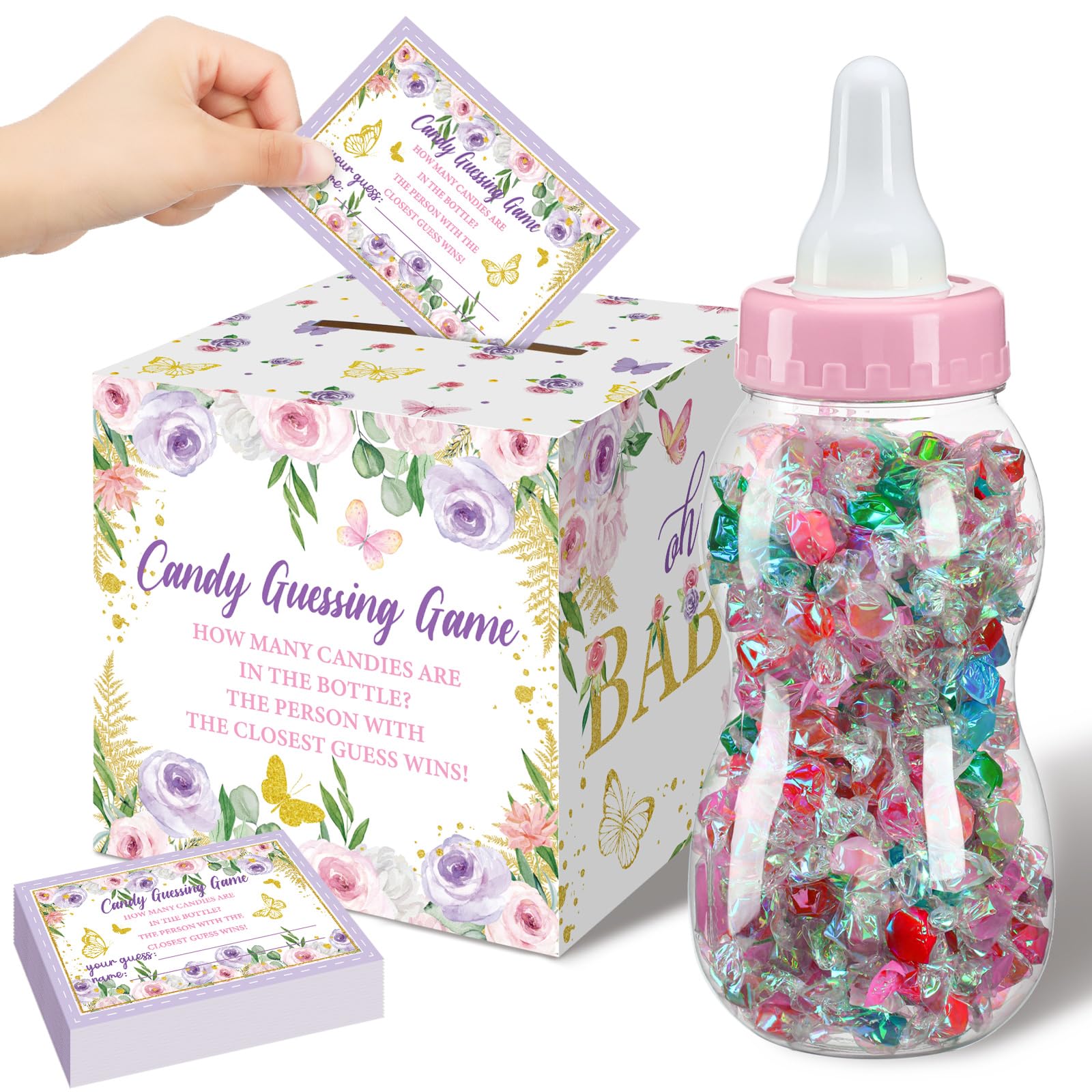 Glenmal 52 Pcs Baby Shower Games Gift Sets Large Baby Bottle for Shower Game Guess How Many Candies Decorations for Gender Reveal(Butterfly)